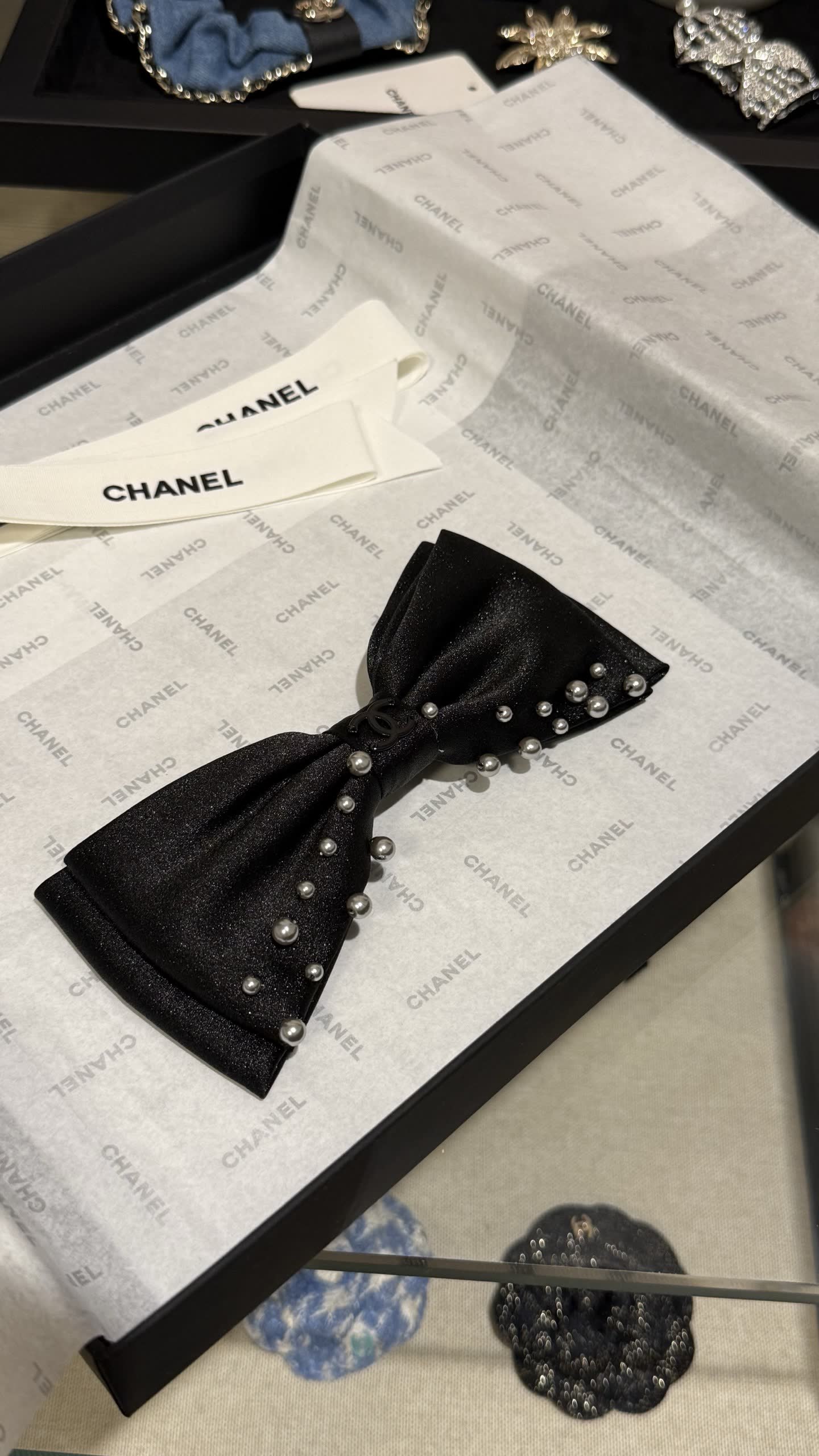 Chanel Black Satin Bow Hair Clip with Pearls
